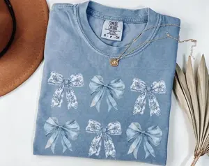 Toile Bow Shirt Blue Coquette Tshirt Cute Ribbon Tee Comfort Colors Shirt Girly Girl Aesthetic Gift for Her Womenswear Womenswear Comfort Comfort