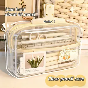 Transparent Multi-Compartment Large Pencil Case, Includes Magnetic Clip, Organize Stationery, Office Supplies & Small Makeup Tools, Portable, Multiple Colors