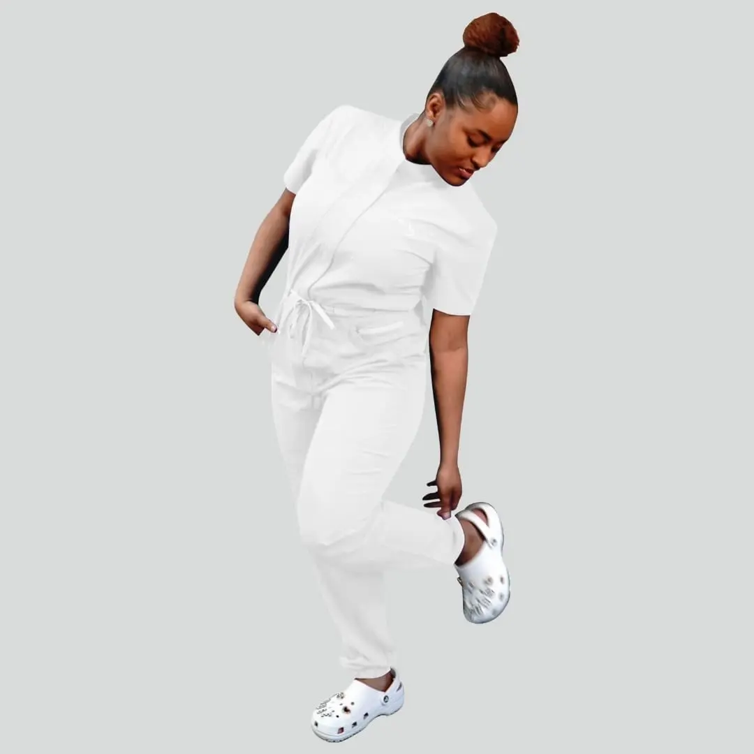 House of Scrubs White Scrubs Romper for Women Fitted Short Sleeve Below the Ankle Minimalist Style Medical Uniform Comfortable Workwear Jumpsuits for Hospital Use