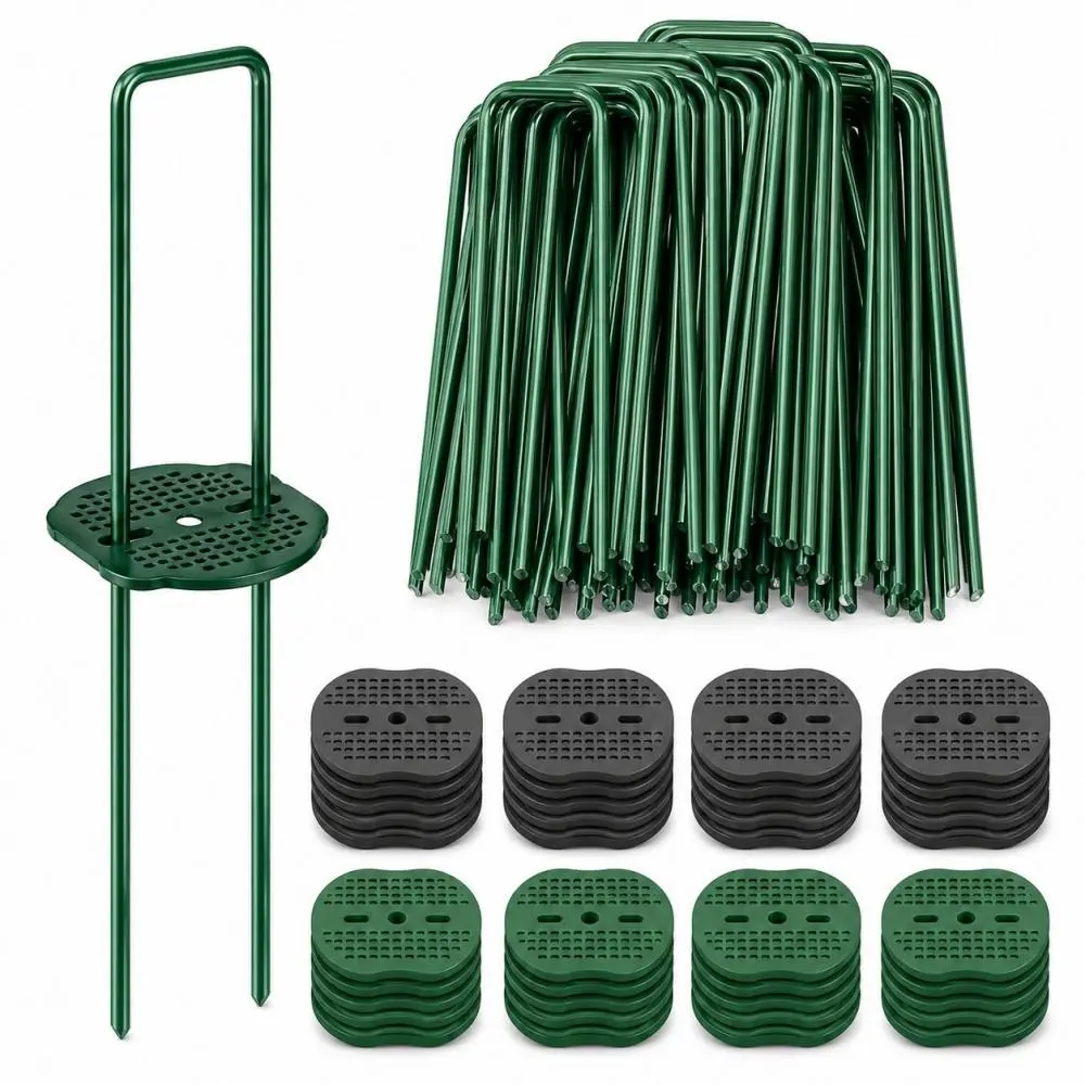 50 PCS landscape staple set, 25 garden staples with 25 plastic buffer washers, 5.9-inch heavy-duty U-shaped galvanized ground stakes for weed barrier fabric, artificial turf, irrigation hose, and lawn edging