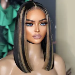 Bob Human Hair Wig 13x4 Lace Frontal Straight Human Hair Wig for Women 180 Density Highlights Stripe 27 Blonde Colored with Natural Black