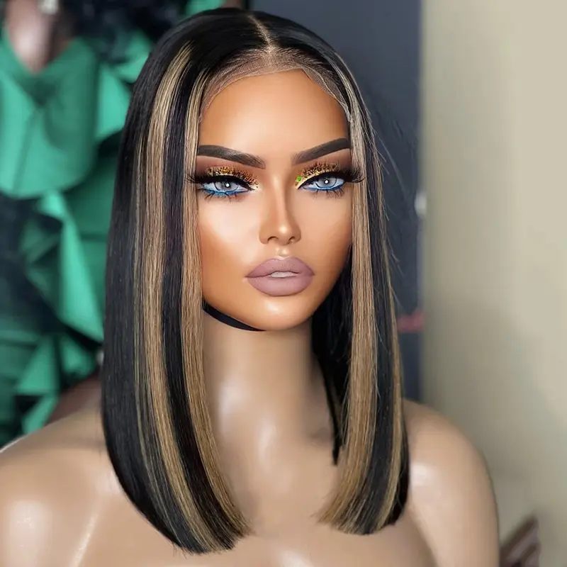 Bob Human Hair Wig 13x4 Lace Frontal Straight Human Hair Wig for Women 180 Density Highlights Stripe 27 Blonde Colored with Natural Black