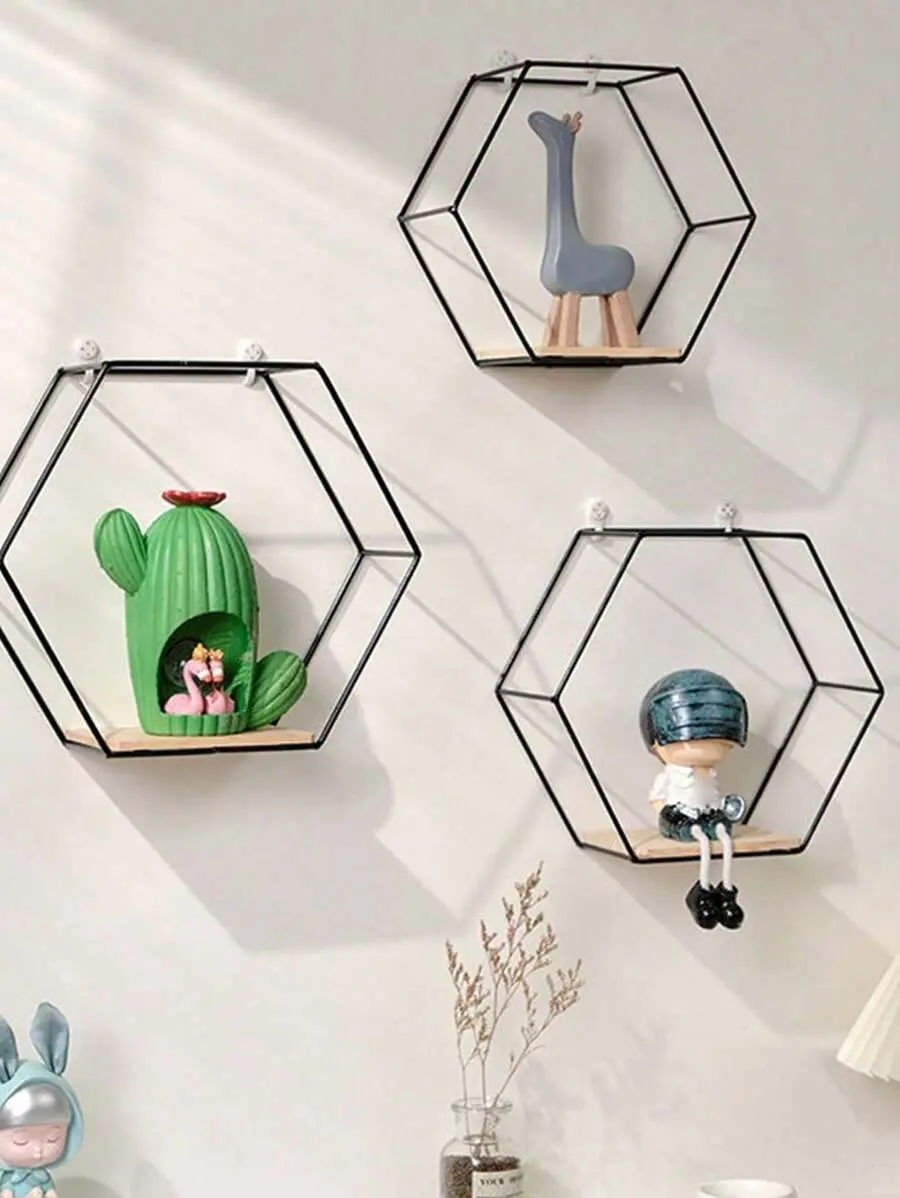 [Room Decor]2pcs (With Hooks) Black Iron Wall Mounted Decoration & Storage Rack Set (Large & Small), For Living Room, Study, Bedroom, Suitable For Holding Dolls, Plants, Books And Toys