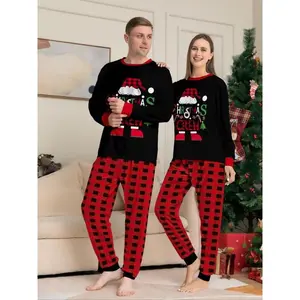 Christmas Themed Couple Pyjama Set, Casual Comfy Cartoon Print Long Sleeve Top & Plaid Print Pants Pajama Set, Couple Sleepwear for Spring & Fall