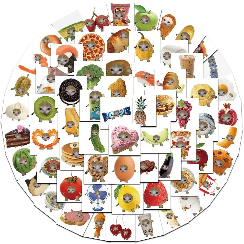 Foodie Cat Pattern Sticker, 69pcs/set Round Self Adhesive Decorative Sticker, DIY Decals for Water Bottle, Laptop, Phone Case, Scrapbooking, Journal Making, Ornaments