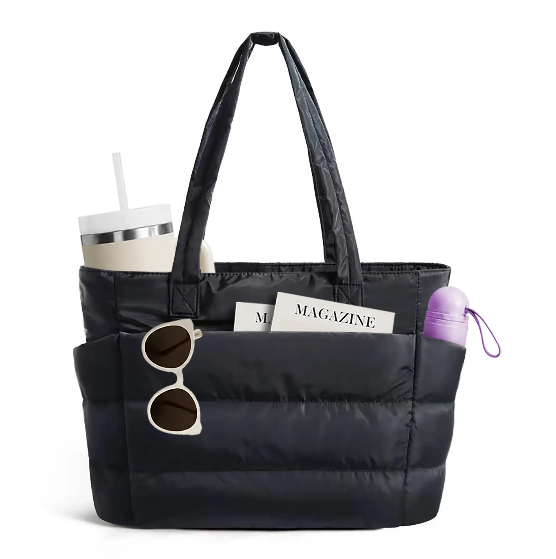 Nature Puffer Tote Bag for Women-Quilted Laptop ShoulderBag with Cup Holder, Trolley Sleeve, and Multiple Compartments, Lightweight Travel & Work Nurse Bag Puffy Tote Bag Casual Shopping Bag