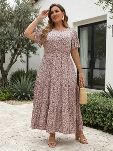 Women's Plus Size Ditsy Floral Print Pocket Ruffle Hem A Line Dress, Summer Clothes Women, Boho Casual Butterfly Sleeve Long Dress, Women's Clothes For Holiday Vacation, Summer Outfits 2024, Casual Wear