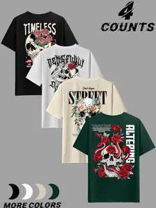 Men's 4-Piece Skull Rose Pattern T-Shirts, Gothic Style 'fatal Rose' Print Short Sleeve, Casual Streetwear Loose Fit Top Set