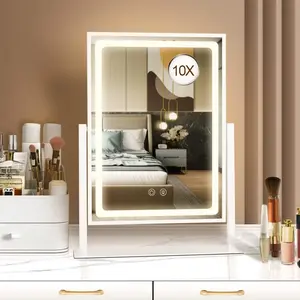 Mirror with Lights - 13.78"x 10.23" Adjustable Lighted Makeup Mirror for Desk, Detachable 10X Magnification Mirror,  Sensor, Desk Mirror for Bedroom & Dressing Room (White)