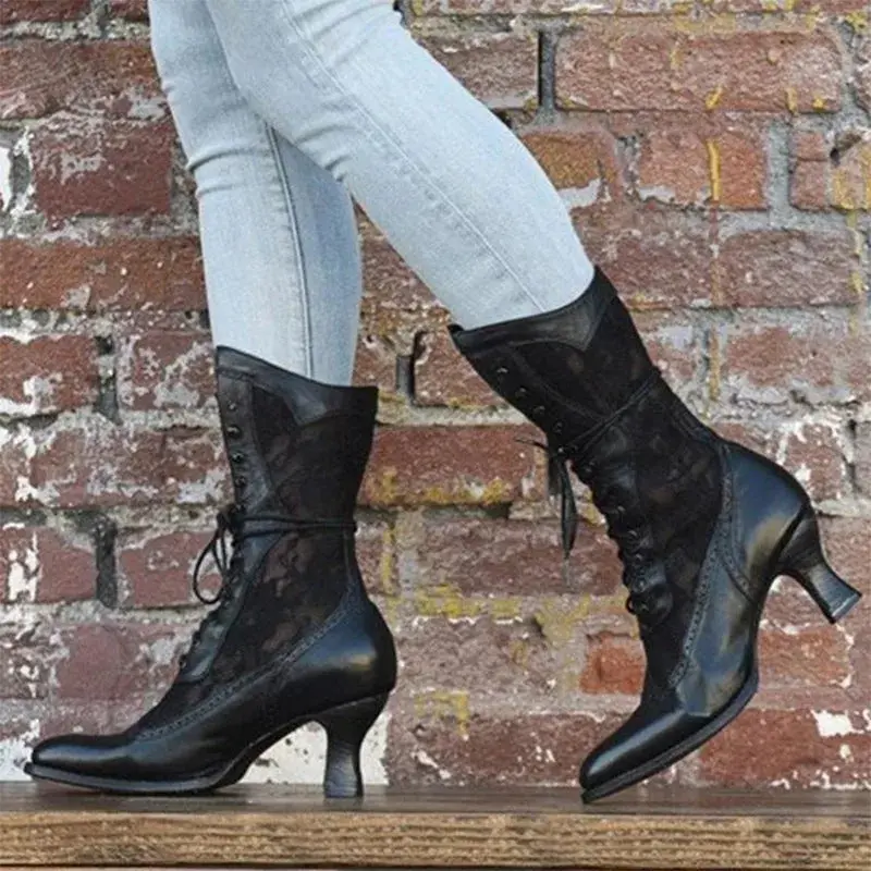 Women's Retro Victorian Lace Pointed Boots, Stylish Women's Footwear for Casual Wear, Shoe