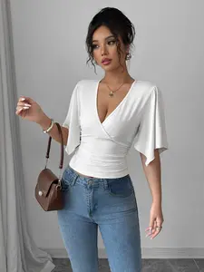 Women's Deep V Neck Crossed Ruffle Short Sleeve T-Shirt, Side Waist Pleat Design, Slim-Fitting Elegant Top, Solid Pattern, Womenswear