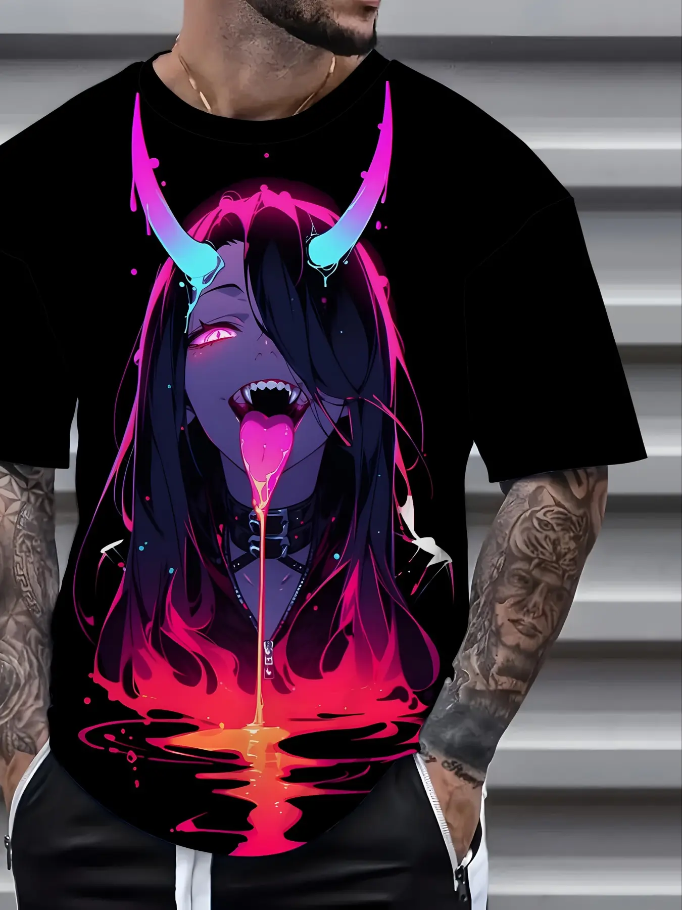 Men's and women's  Anime Graphic T-shirt - Japanese Anime Beauty Succubus Black short-sleeved round neck, colorful flame demon print, glossy finish, breathable polyester blend, machine washable, casual street style summer top, Casual Style Tee