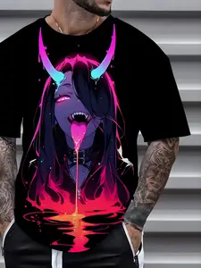 Men's and women's  Anime Graphic T-shirt - Japanese Anime Beauty Succubus Black short-sleeved round neck, colorful flame demon print, glossy finish, breathable polyester blend, machine washable, casual street style summer top, Casual Style Tee