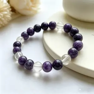 Hcrystyle Air signs Bracelet- Natural Charoite & Clear Quartz combination Designed for Air signs to enhance Intellect, Rational & Freedom energy - Gift for love ones/ friends- birthday/ anniversary gift | 8mm beads 6.5-7.5 inches men