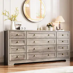 Garvee 12-Drawer Solid Wood Dresser, 63" Long and 16" Wide, Modern Chest of Drawers Perfect for Bedroom, Living Room, Hallway, and as a Stand for Screens up to 65 Inches