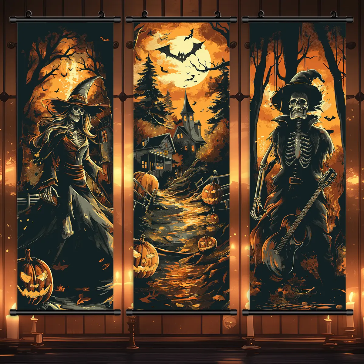 3 Counts Halloween Hanging Banner, Skeleton Musicians Halloween Scene, Halloween Mural And Decorative Posters, Fun Party Decorations, Horror Themes, Living Room, Bedroom, Home Posters, High Definition, Waterproof, Ideal Gifts