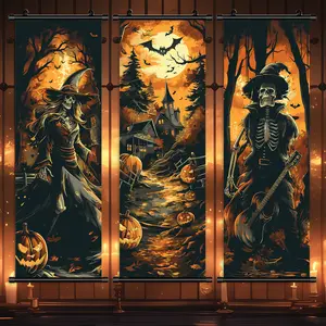 3 Counts Halloween Hanging Banner, Skeleton Musicians Halloween Scene, Halloween Mural And Decorative Posters, Fun Party Decorations, Horror Themes, Living Room, Bedroom, Home Posters, High Definition, Waterproof, Ideal Gifts