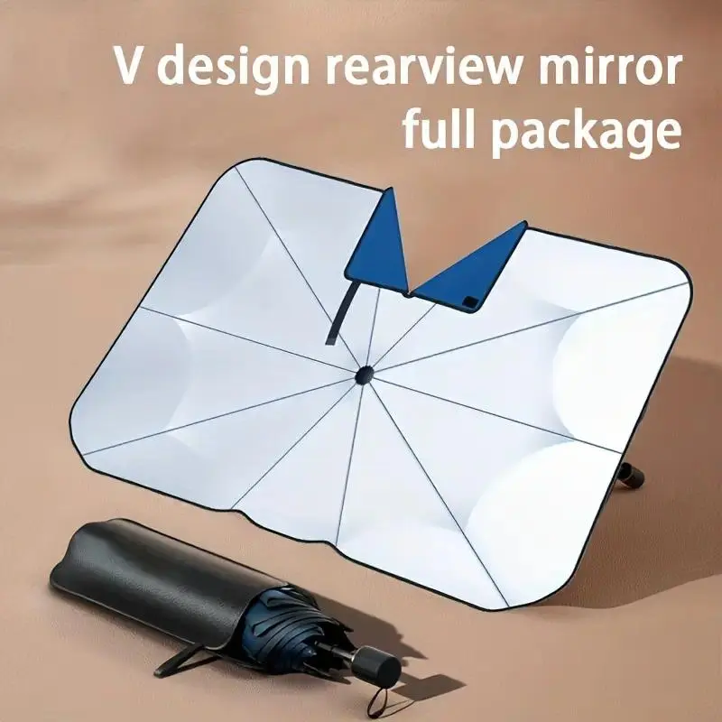 Car Windshield Sun Shade Umbrella for Car Owners - UV Blocking, UPF 50+, Iron Frame, Mirror Cover, Bug&Hood Protection, V-Shaped Coverage, Hook-and-Loop Fasteners for Daily Parking