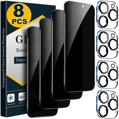 [8 PCS Set] 4 Privacy Screen Protectors with 4 Camera Lens Protectors for iPhone 18 17 16 15 14 13 12 11 Pro Max Duo Plus Air, Anti Spy 9H Tempered Glass, Anti-Scratch, HD Clear Camera Protection, Case Friendly