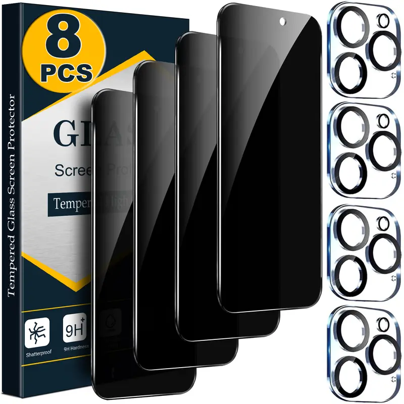 [8 PCS Set] 4 Privacy Screen Protectors with 4 Camera Lens Protectors for iPhone 18 17 16 15 14 13 12 11 Pro Max Duo Plus Air, Anti Spy 9H Tempered Glass, Anti-Scratch, HD Clear Camera Protection, Case Friendly