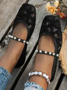 Women's Lace Mesh Ballet Flats with Pearl Strap Slip-On Shoes