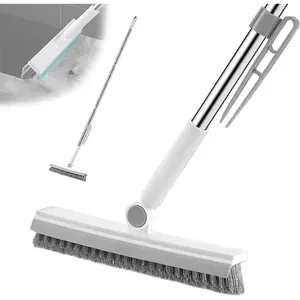 Floor Scrubbing Brush with 57" Adjustable Long Handle,3 in 1 Living Grout Brush with ,V-Shape Stiff Brush Bristle,Heavy Duty Bathroom Cleaning Brush for Tile,Deck,Patio,Wall,Garage,Kitchen