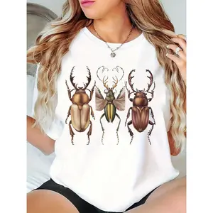 Women's Stag Beetle Print White T-Shirt | Casual Outdoor Tee for Entomology & Nature Lovers | Comfortable Cotton Top for Daily, Parties, Gifts 100% Cotton T-shirt