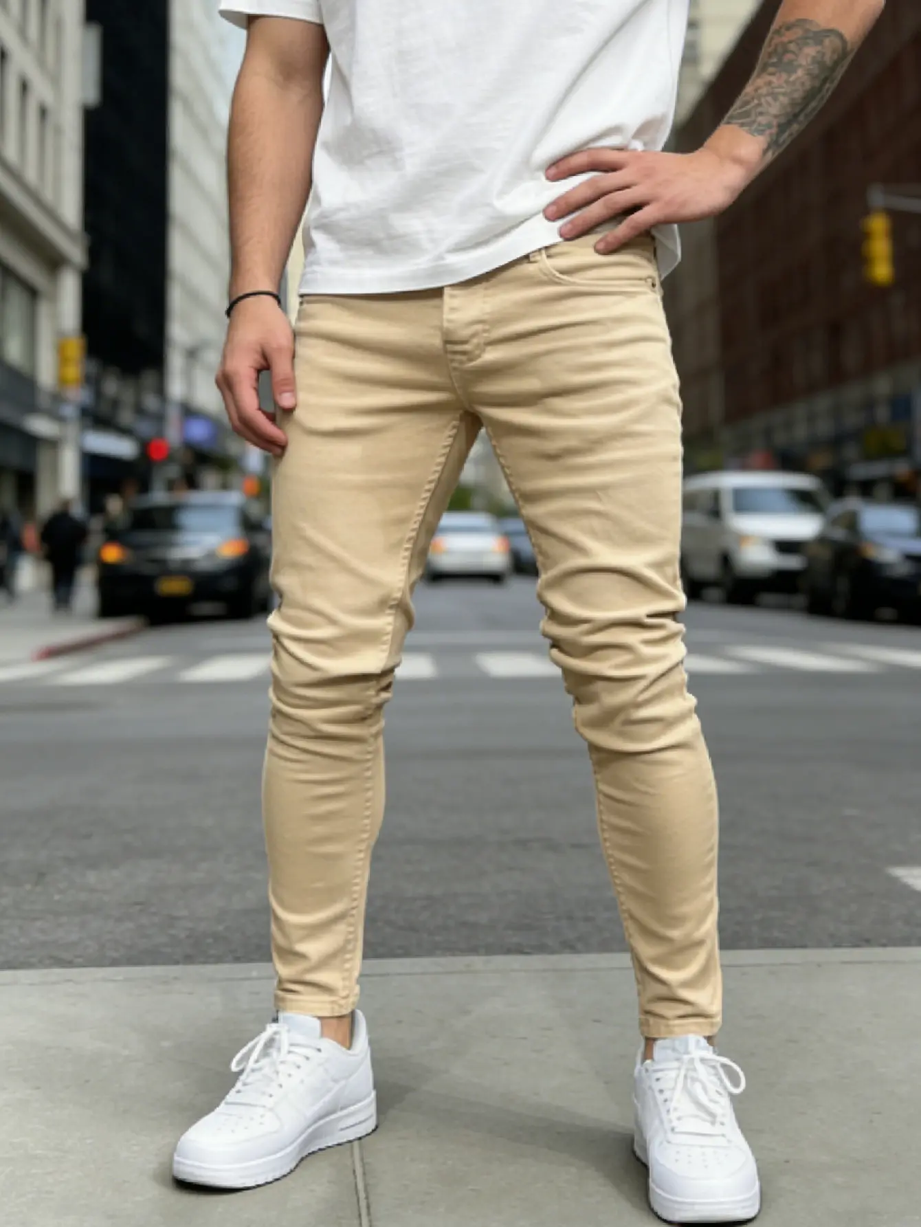 SRETOUU  Men's Skinny Fit Khaki Stretch Jeans Streetwear Men Casual Denim Trousers Minimalist Classic 5-Pocket Denim Menswear