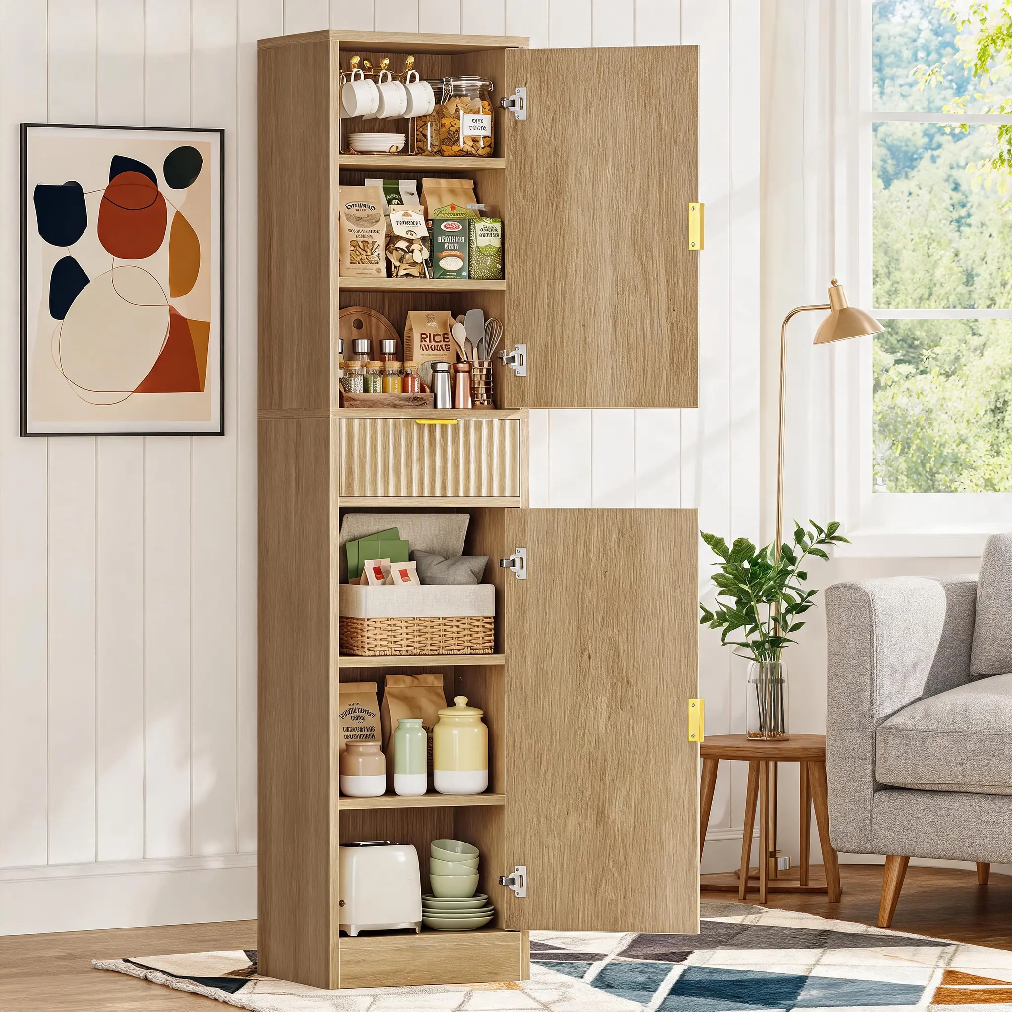 Tall Fluted Storage Cabinet with Doors and Drawer, Freestanding Narrow Pantry Cabinet with Adjustable Shelves, Wooden Linen Cabinet Anti-Tip Kit, Slim Storage Organizer for Kitchen, Bathroom, Living Room, Natural Oak
