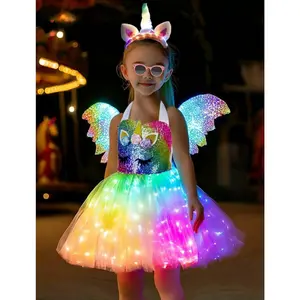 X-CPA039   Girls Unicorn Costume, Rainbow Unicorn Dress, LED Light Up Unicorn Tutu with Wing for Halloween Birthday Gift