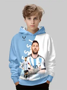 Blue Messi Argentina 10 Graphic Team Hoodie, Boys' Football Fan Exclusive, World Cup Honor Edition, Casual Fitted All over Print Sweatshirt