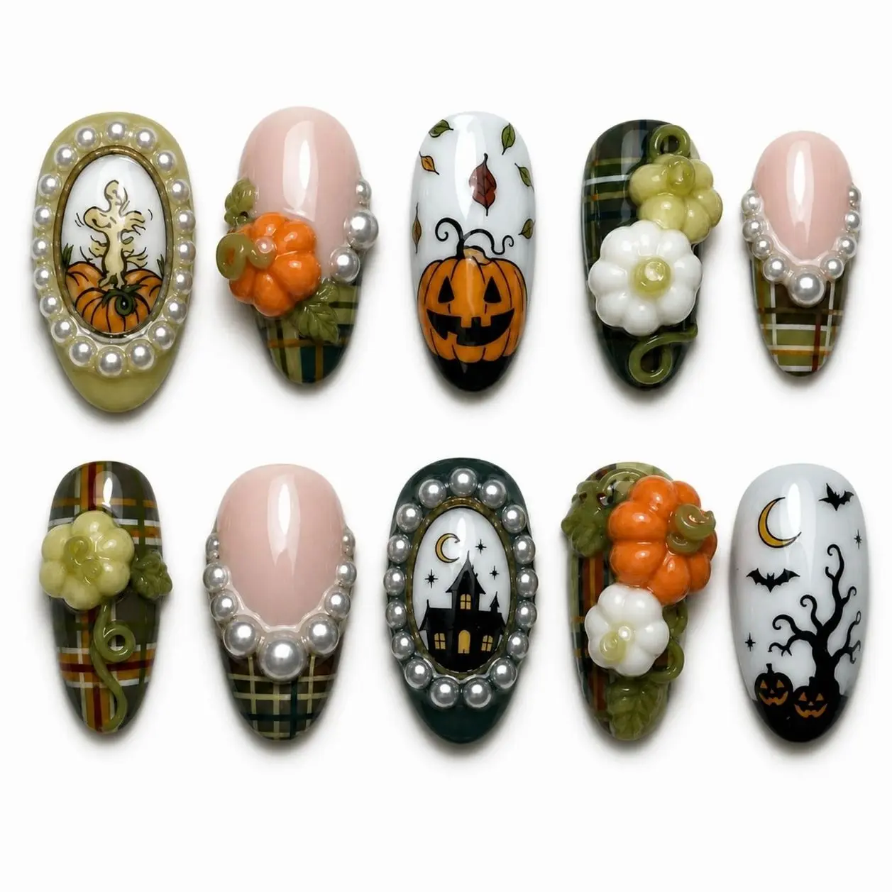 Vintage Autumn Cottage Press On Nails Pumpkin Pearl Plaid Manor Floral Cameo Handmade Gel Nails Olive Green Luxury Reusable Press On Nail Set for Fall Thanksgiving Inspired Style