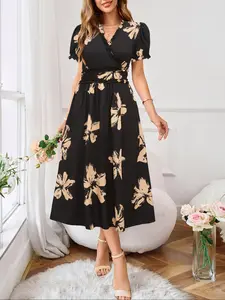 Women's Floral Print  Dress,   Fashion Casual  Short Sleeve Fitted Dress for Daily Holiday Vacation Wear, Ladies Dress for All Seasons, Womenswear