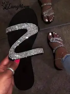 Langmoon 2026 Women's Fashion Slippers, Luxury Rhinestone Details, PU Leather, Rubber, Comfortable, Versatile, Holiday Style, Footwear
