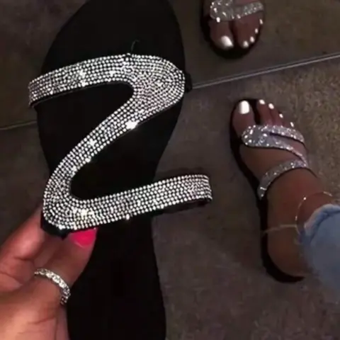 Langmoon 2026 Women's Fashion Crystal Slides Slippers with Rhinestone Details, PU Leather & Rubber Sole, Comfortable and Versatile Holiday Footwear