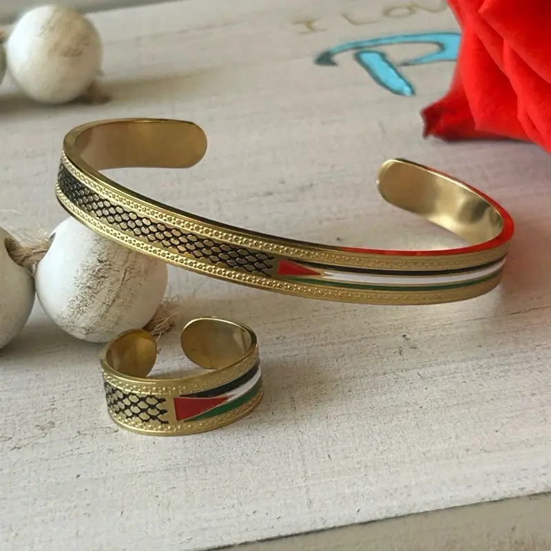 Gold-Tone Palestine Bracelet & Ring Set - Flag & Kufiya Design with Gold-Tone Finish and Colorful Stripes