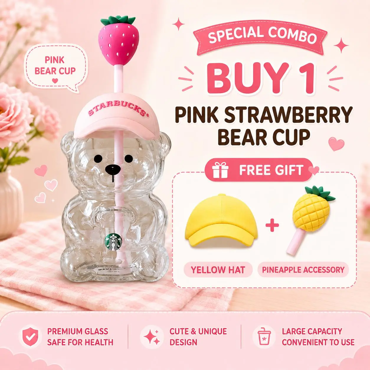 Starbucks 2026 Pink Strawberry Bearista 20oz Glass Cup, Limited Edition Bear Tumbler With Free Yellow Hat And Pineapple Straw Topper Gift Set