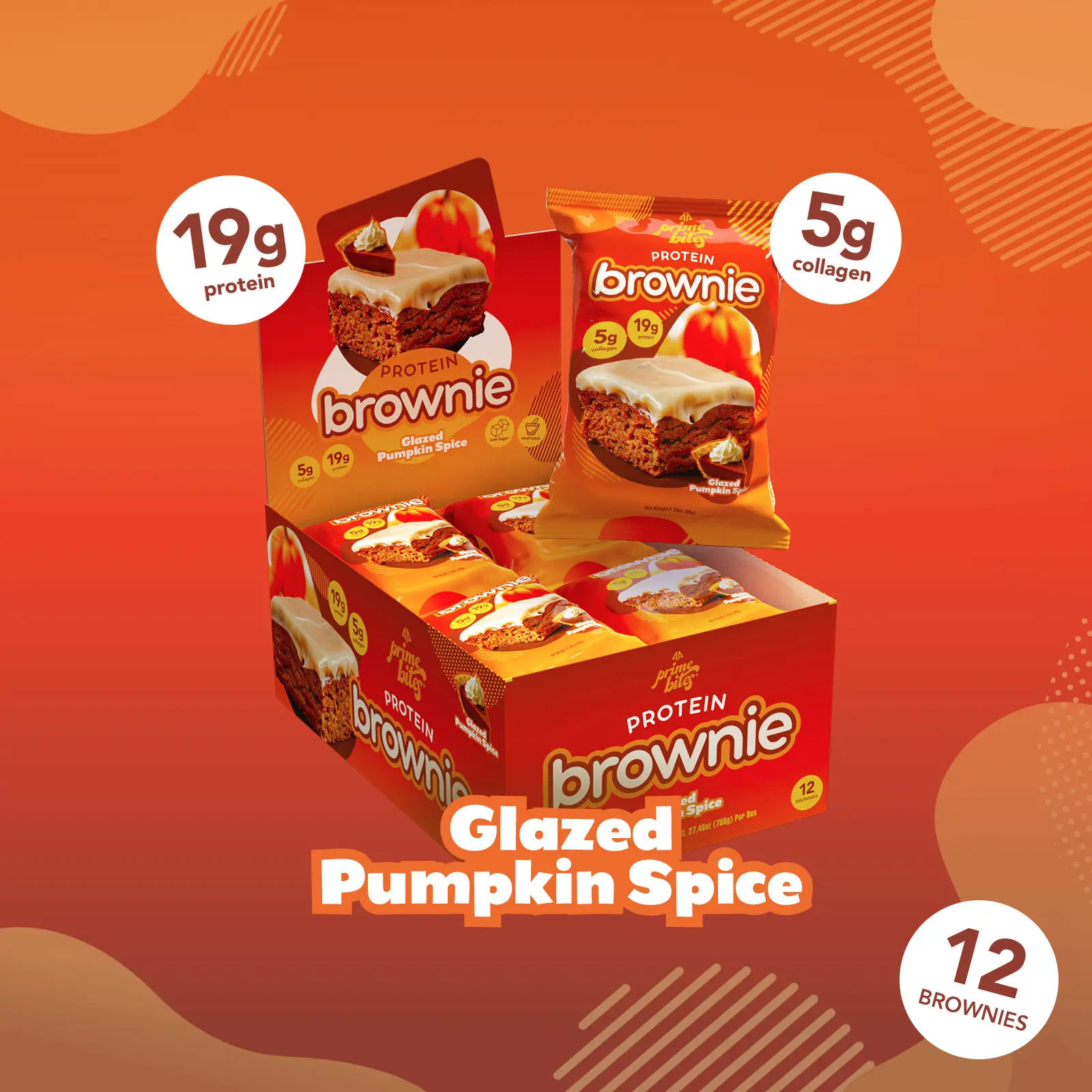 Glazed Pumpkin Spice Prime Bites - 12 Pack - Protein Brownies with 19g Protein and 5g Collagen Snack