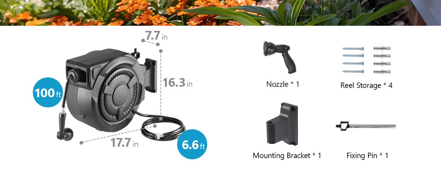 Retractable Garden Hose Reel 1/2 in x 100 ft, Durable Wall-Mounted Hose Reel with 10 Spray Modes, Auto Slow Retract System, 180° Swivel Mount, UV-Resistant Design Retractable Garden Hose Reel 1/2 in x 100 ft, Durable Wall-Mounted Hose Reel with 10 Spray Modes, Auto Slow Retract System, 180° Swivel Mount, UV-Resistant Design