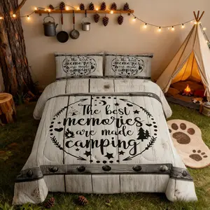 Camping Adventure Comforter Set,Camper RV Trailer Decor Bedding Set for Kids Boys Girls Adults,Retro Wooden Plank Cottage Down Comforter