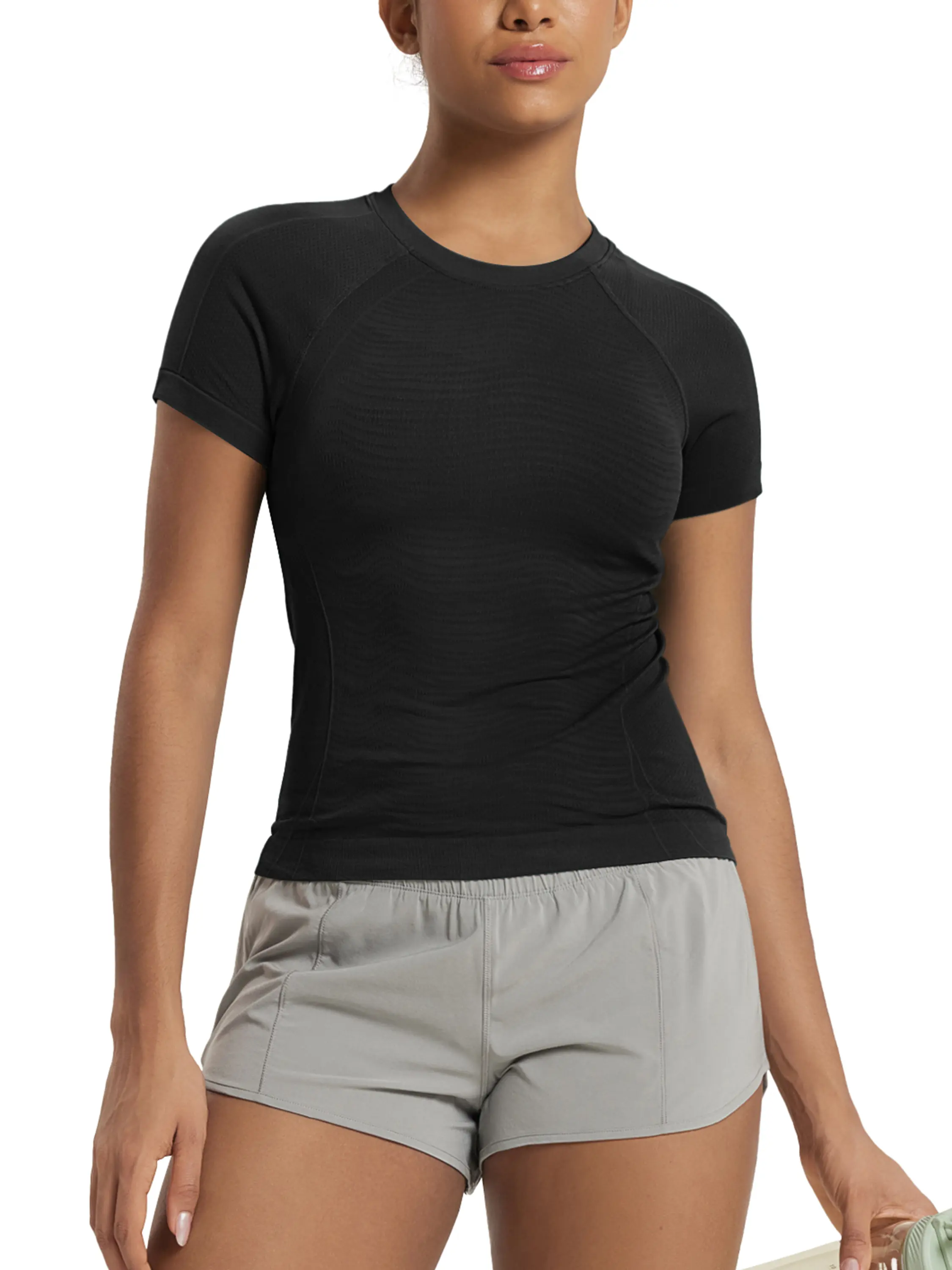 ODODOS Women's Seamless Performance Short Sleeve T-Shirt - Lightweight Breathable Slim Fit Running Workout Top -Waist Length