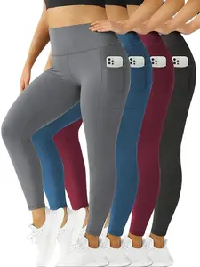 4-piece set of four women’s yoga pants featuring pockets, a high-waisted design, tummy control, and hip lift. These leggings are ultra-comfortable, form-fitting, highly elastic, and opaque, suitable for yoga and running.