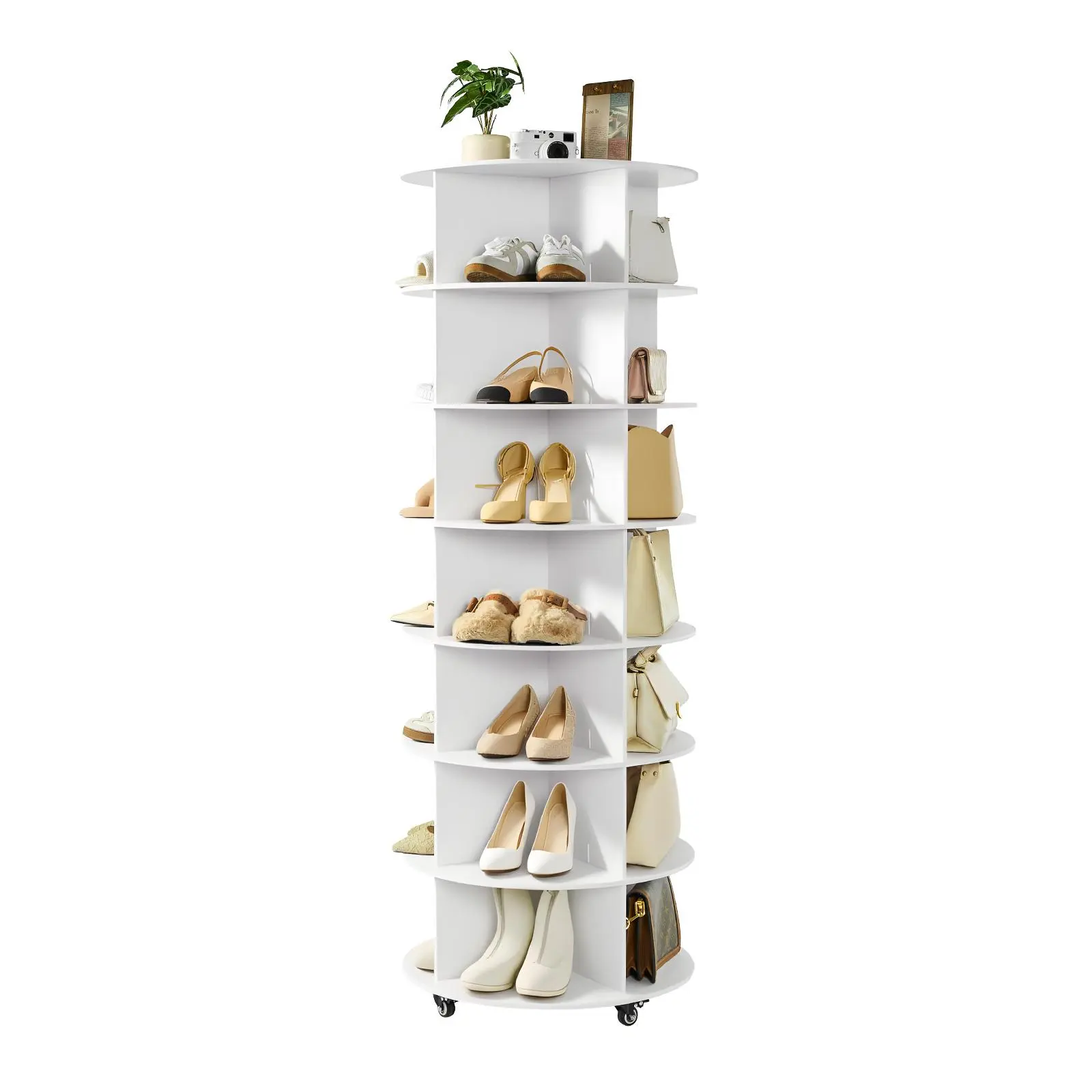 VEVOR 7-Tier Multifunctional Shoe Rack Organizer - 360° Rotating, Tool-Free Setup, PVC Panels, Dovetail Joints, Wheeled Movable Lazy Susan, Space-Saving Indoor Furniture for Entryway Small Room Organization, White