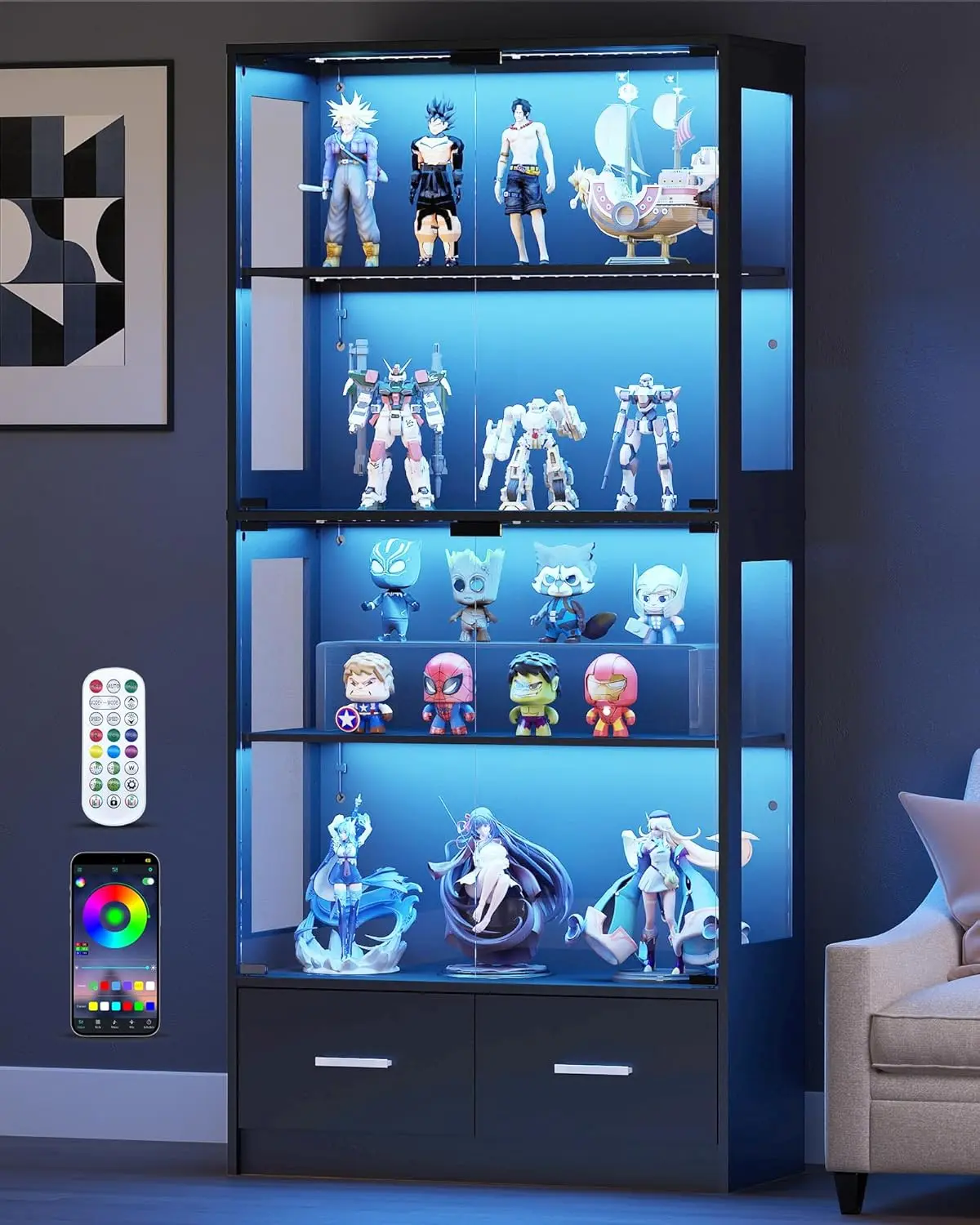 Wood Curio Display Cabinet with Tempered Glass Doors - 67" Adjustable 4-Tier Case with RGB LED Lights, 2 Drawers, Remote Control, for Living Room, Office, Requires Assembly, 3-Level Adjustable Shelves, Handleless Door