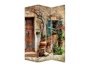 212 MAIN Double-Sided Wood Frame Room Divider, Romantic European Street Housefront Art 3-Panel Foldable Multi-Color Indoor Furniture Screen
