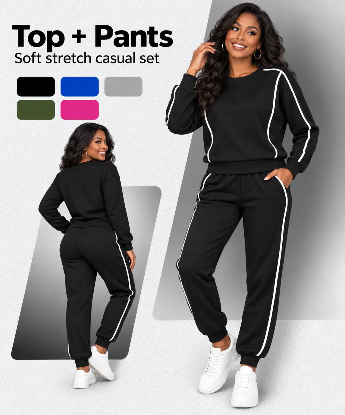 Women's 2-Piece Casual Sportswear Top Set - Polyester Blend Soft Knit Long-Sleeve Pullover, Athletic Pants, Machine Washable Coordinated Outfit for Workouts, Travel