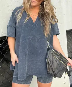Women Washed 2 Piece SetLounge Set Oversized TopsBiker Shorts V Neck Drop