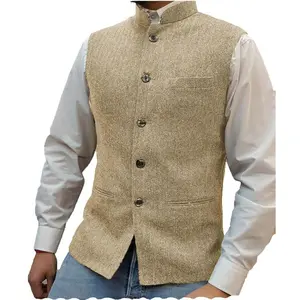 Men's Slim Fit Blend Vest - Herringbone Pattern, High Collar, Front Button, Red, Spring/Autumn Business Casual Style, Versatile Men's Wear |   Button Front Vest |   Polyester Nylon Blend