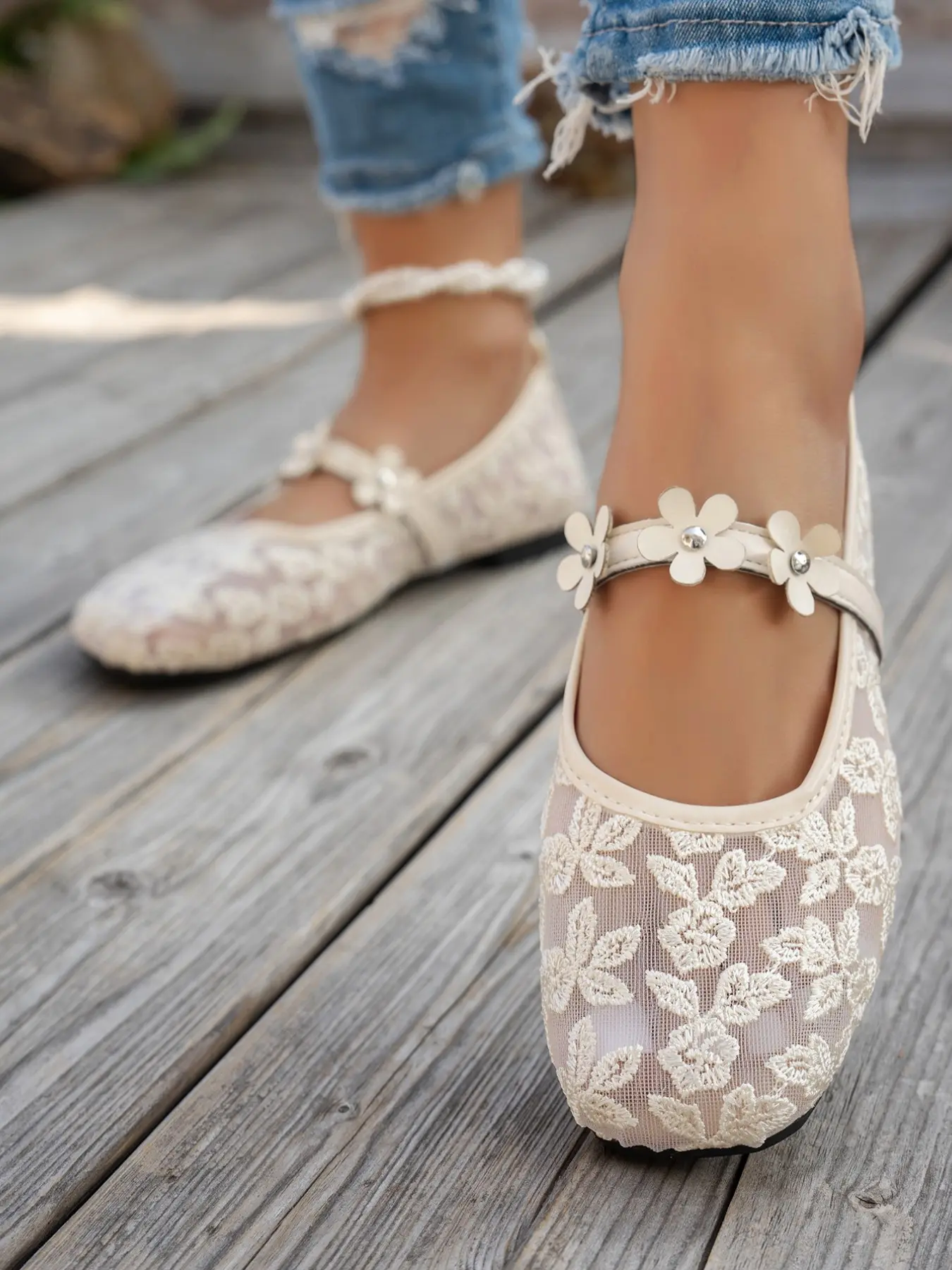 Women's Elegant Formal Mesh Floral Mary Jane Flat Shoes, Wedding Flats, Bow Slip-On Ballet Flats, Ballerina Flats Shoes, Versatile All-Scene Footwear, Fashionable Textile Upper
