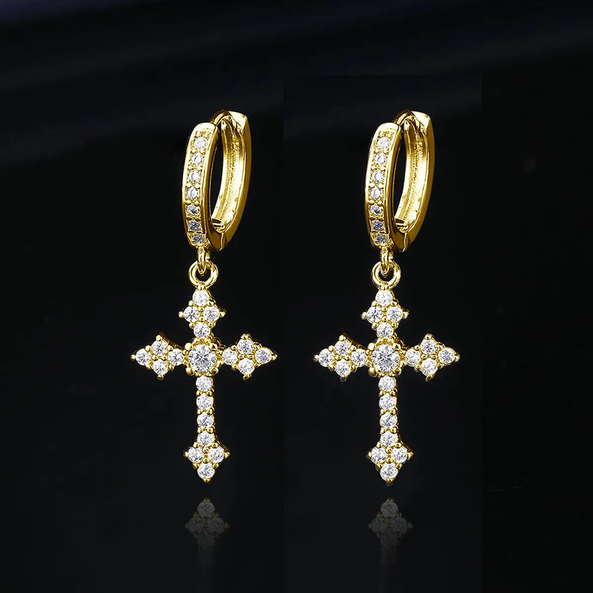 Men's Cross Hoop Gold Plated Earrings - High Quality, Hypoallergenic, Hip-Hop Cubic Zirconia Unisex Earrings Jewelry